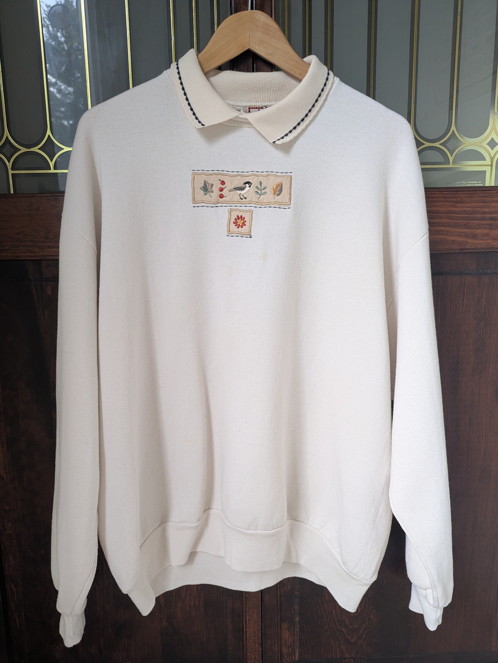 Grannycore Crewneck Sweater with Embroidered Chickadee and Fall Leaves Motif
